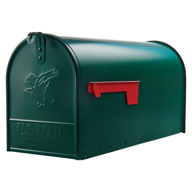 Dark Green Mailbox Medium Metal US Mail Box Rural Size Outside Curbside Horizontal Farmhouse Classic, 19"D x 6.5"W x 9.5"H