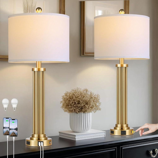 MOUVOVO 28" Tall Modern Table Lamps Set of 2 with USB C+A Ports and AC Outlet, 3 Way Touch Metal Bedside Lamps for Bedroom, Gold Nightstand Lamps for Living Room