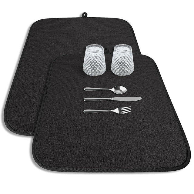 Kitsure Dish Drying Mat - 2-Pack Washable Microfiber Drying Mat for Kitchen Counter, 3-Layer Ultra Absorbent Pad with a Hanging Hook, 20" x 14", Black