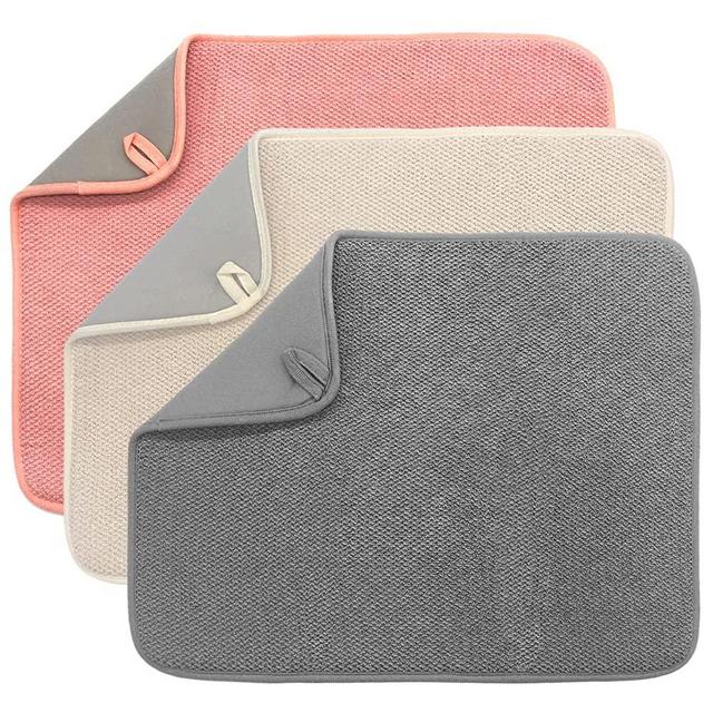 Microfiber Dish Drying Mat,Ultra Absorbent Drying Mat for Kitchen Counter,Dishes Drainer Pads 3 Pack,Large Size 19''X 14.5''(Beige/Grey/Pink)
