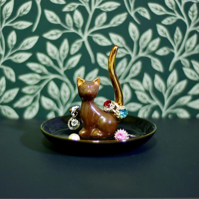Exembe Brown Glazed Plated Gold Ceramic Elegant Engagement Wedding Cat Ring Trinket Dish