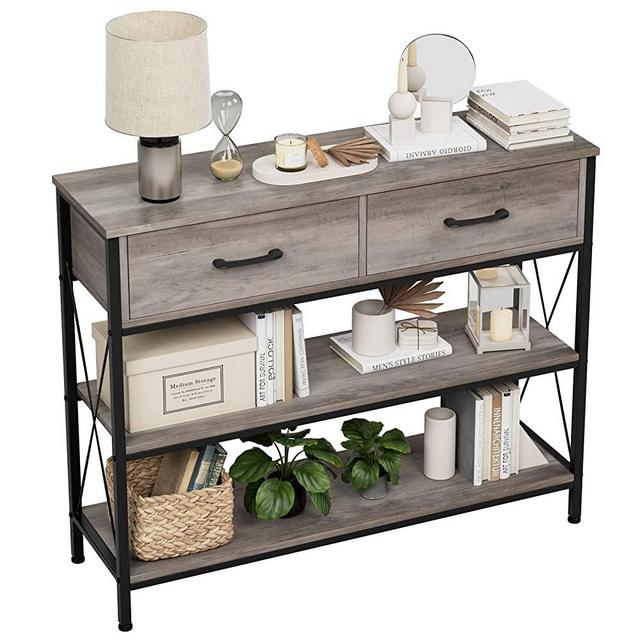 HITHOS Industrial Console Table with Drawers, Vintage Hallway Foyer Table with Storage Shelves, Narrow Long Sofa Entryway Table for Living Room, Grey
