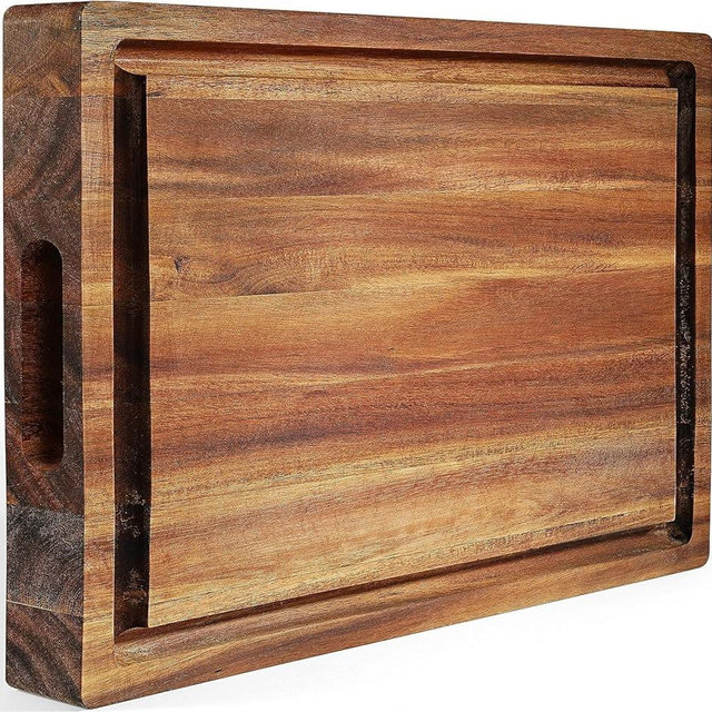 XL Acacia Wood Cutting Board (20x15x1.5in) and Wooden Butcher Block, Chopping Board-Reversible Multipurpose For Meat, Cheese Board, Vegetables, Bread with Juice Groove, Cracker Holder & Inner Handles