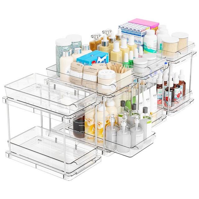 Yieach 4 Pack Under Sink Organizers and Storage,Clear Acrylic Bathroom Organizer and Cabinet Organization for Makeup,Medicine,Two Tier Pull Out Cabinet Organizer Drawers for Pantry,Vanity Storage Bins