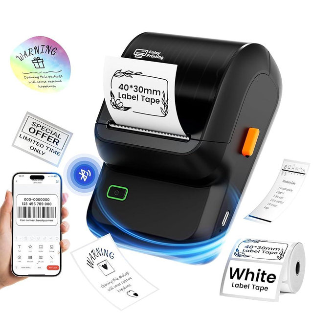 NelkoGlobal Label Maker,Barcode Label Printer, Bluetooth Label Maker Machine with Tapes for Small Business,Home Use,Logo,Sticker Printer with 80 Fonts & 300 Templates, Black
