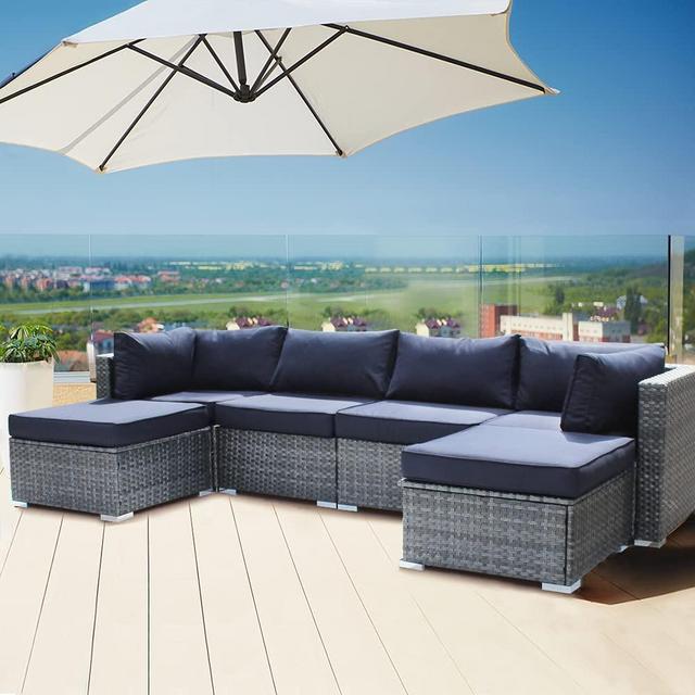 Outdoor Rattan Sofa Patio Furniture Garden Couch Sectional Set 6pcs Conversation Sofa Sets Outside Sofa Navy Blue Cushions Gray Wicker Lawn Seating Plus One Tea Table