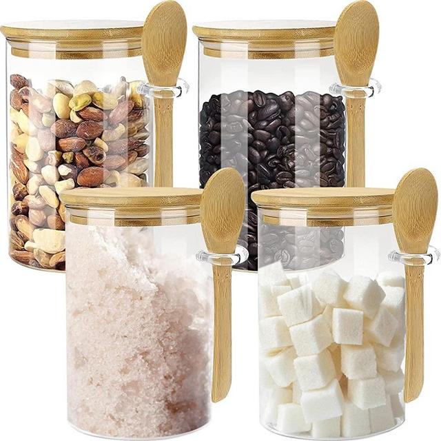 Glass Sugar Container with Spoon - 4 Pack Glass Jars with Bamboo Lid and Spoon, Bamboo Lid Storage Jar Containers for Coffee Beans, Spice, Brown Sugar, Tea, Flour, Nuts, Candy, Salts and More