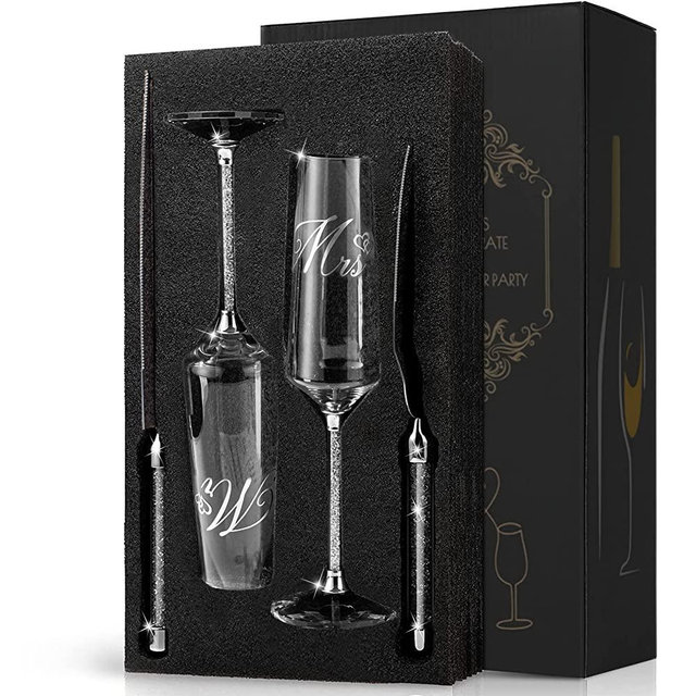 Wedding Cake Knife and Server Set, Champagne Flutes Engraved Mr and Mrs for Wedding, Bride and Groom Toasting Flutes, Engagement Gift Wedding Reception Supplies (Clear "Diamonds" )