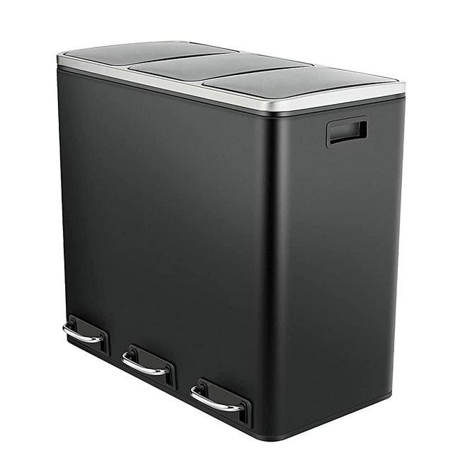Pirecart Triple Trash Can, 14.3 Gallon (3X18L) Rubbish Bin with Pedal , Stainless Steel Classified Recycle Kitchen Garbage Dustbin, Inner Buckets, Handles, Airtight, Soft Silent Airtight Lid, Black