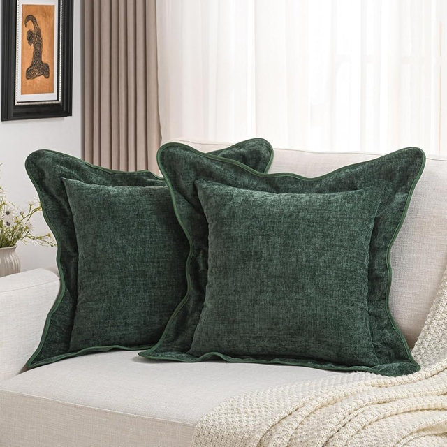 FUTEI Soft Cozy Dark Green Chenille Decorative Throw Pillow Covers 18x18 Inch Set of 2,Double Stitch Scalloped Bordered Cushion Case,Modern Home Decor for Couch Bed Living Room