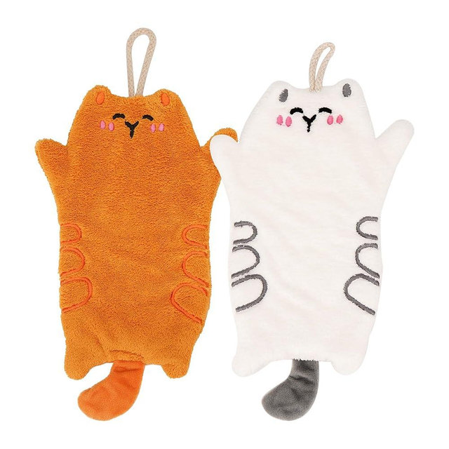 DODAMOUR 2-Pack Cat Hand Towels for Bathroom & Kitchen, Cute Hanging Coral Fleece Towels with Smiling Cat Face, Soft & Absorbent, with Loop (White, Brown)