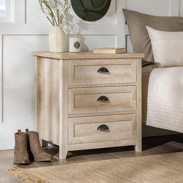Walker Edison Hazel Modern Farmhouse 3 Drawer Framed Nightstand with Half-Moon Handles, 25 Inch, White Oak