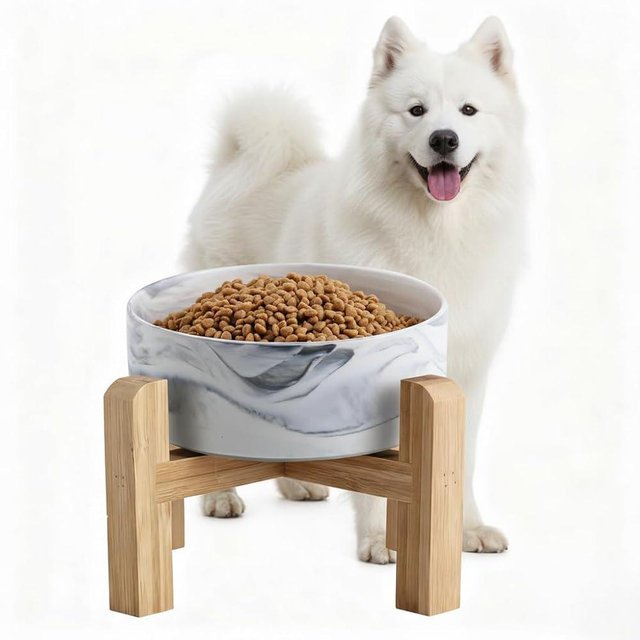 Elevated/Raised Ceramic Dog Bowl with Bamboo Stand,Marble Pattern 7 Inch 7.6 Cups Non Slip Heavy Weighted Single Pet Dish,Reduces Neck Strain Marble Gray