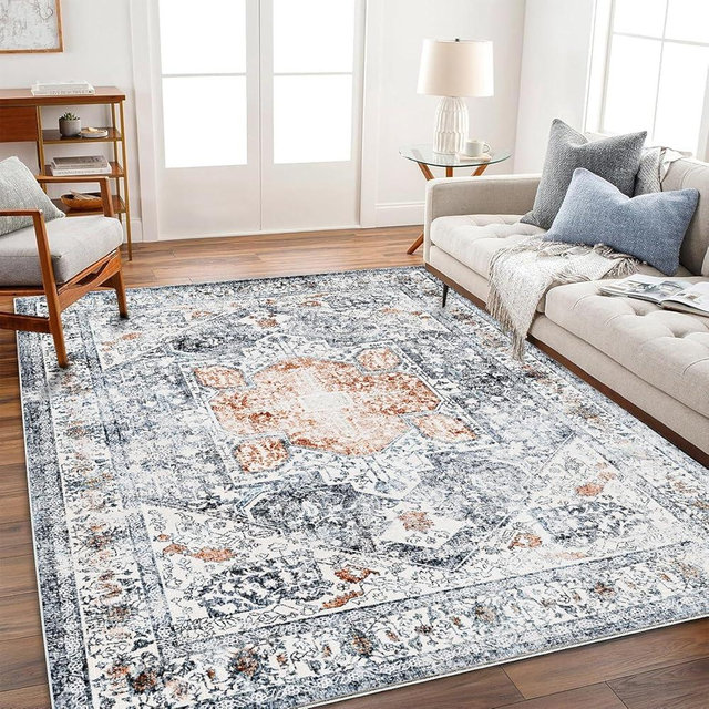 CHAMPLANT Area Rug 8x10 Washable Rug Orange Gray Vintage Rug Traditional Mat Distressed Indoor Foldable Thin Rug Retro Accent Rug Floral Print Rug Non Slip Carpet Living Room Dining Room Office