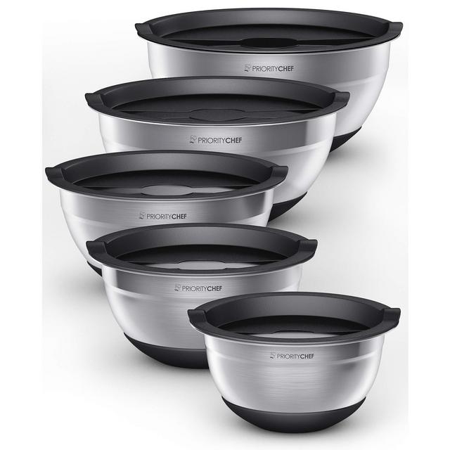 PriorityChef Stainless Steel Mixing Bowls With Lids Set of 5 - Multifunctional Stackable Measuring Bowl Set With Silicone Base - 1.2/1.7/2.2/3.6/4.7 Quart