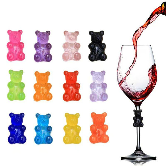 12 Pcs Colorful Bear Wine Glass Markers Charms, Lovely Drink Markers for Drinks Tags for Bottles, Cute Cup Labels Suitable for Wine Glasses Champagne Glasses and Beverage Decor