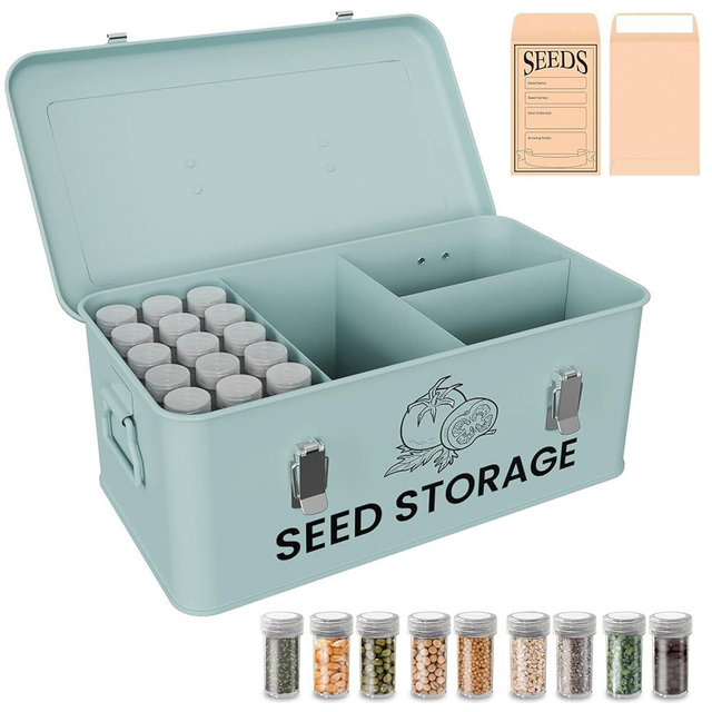 Kweetle Seed Storage Organizer Box, Metal Seed Box, Garden Seed Organizer with Lid, Seed Containers Storage with 4 Compartments, 30 Seed Holder Organizers, 100pcs Seed Envelopes (Blue)