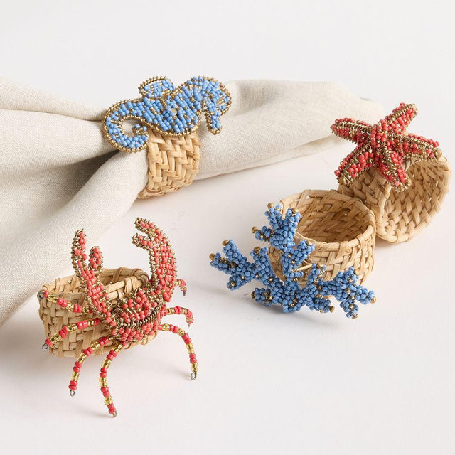 Beaded Summer Icon Napkin Rings, Mixed Set of 4 - Neutral