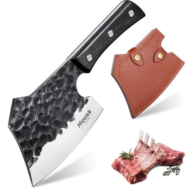 Huusk Meat Cleaver Knife Heavy Duty Bone Chopper, Hand Forged Kitchen Axe with Sheath, Full Tang Bone Chopping Knife, Japanese Butcher Knife for Meat Cutting, Kitchen Father Gift Idea Men