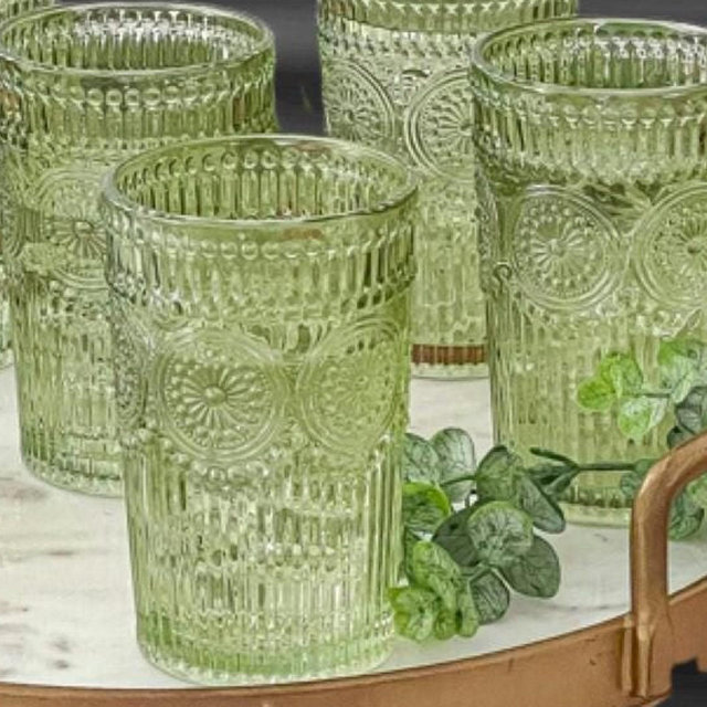 Drinkware Set of 6 (13 oz) Textured Sage Green Drinking Glass, Cocktail Drink Glass, Glassware Set, Barware Gift Idea, Drinkware Gift Set
