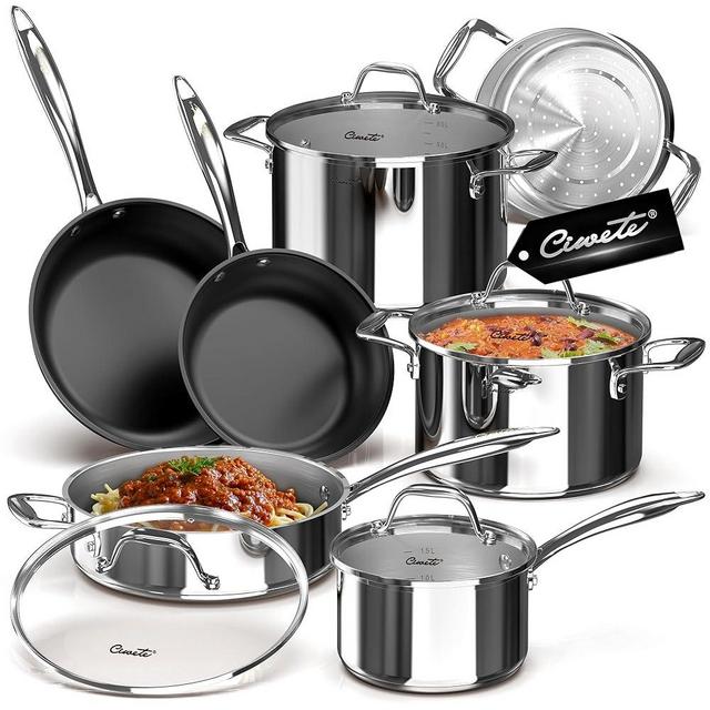 Ciwete Stainless Steel Nonstick Pots and Pans Set - 11PC, 18/10 Triple Ply Stainless Steel Induction Cookware Set, Kitchen Cookware Sets with Steamer Insert/Stay-Cool Handles, Dishwasher Safe