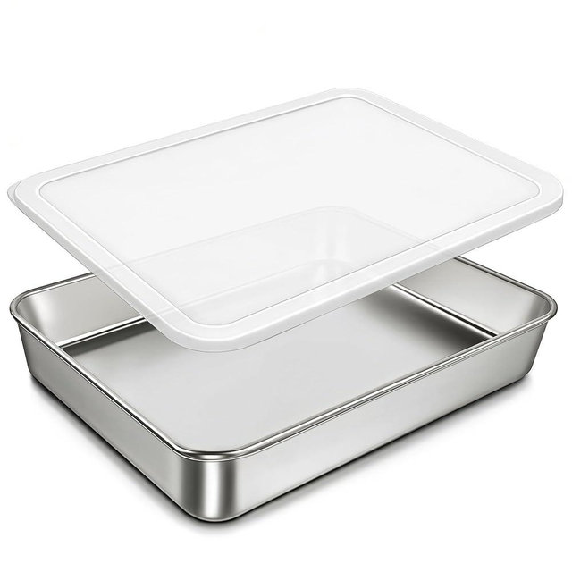 304 Stainless Steel Baking Pan with Lid, 12⅓ x 9¾ x 2 Inch Rectangle Sheet Cake Pans with Covers, Commercial Grade Bakeware for Cakes Brownies Casseroles, Non-toxic & Heavy Duty & Dishwasher Safe