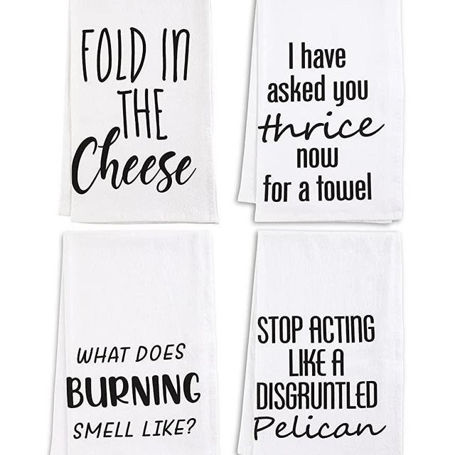 Vastsea Funny Kitchen Towels Set-Funny Flour Sack Dish Towels Decorative Set with Saying,Tea Towels,Fold in The Cheese Hand Towels Set of 4,New Home Gifts,Housewarming Gift for Women Hostess,White