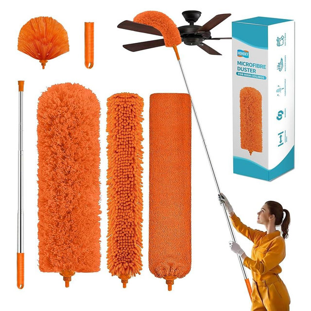 Cobweb Duster with Extension Pole,Cleaner Outdoor 110" Telescoping Extended Sspider Brush, Dusting Kit,Long Handle Reach for High Ceilings and Fans,Microfiber Webster Remover Tools Feather Dusters