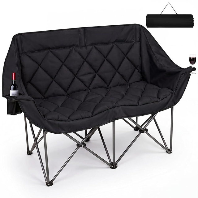 Romswi Double Camping Chair,2 Person Camping Chair Oversized Folding Loveseat,Heavy Duty Camping Couch & Outdoor Sofa with Cup Holders,Supports 750LBS Black