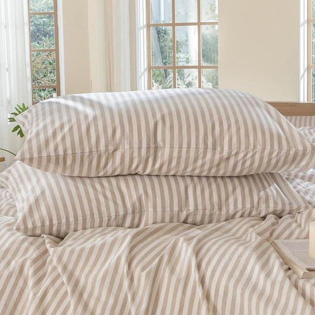 MooMee Bedding Pillowcases Striped Pack of 2 100% Washed Cotton Linen Like Textured Breathable Durable Soft Comfy (Tannish Linen Grey White Classic Stripes, Queen)