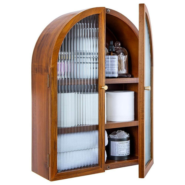 MyGift Medicine Cabinet,Arched Wall Cabinet,Bathroom Medicine Wall Mounted Cupboard,Mid Century Style Floating Storage Cabinet with Glass Door,Natural Acacia Wood