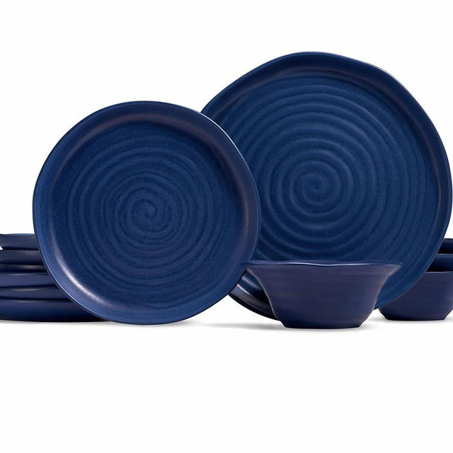 Kook Ceramic Dinnerware Set, 12 Piece, Organic Shape, Dinner Plates, Salad Plates, Soup Bowls, Microwave and Dishwasher Safe, Service for 4, Navy Spiral Pattern