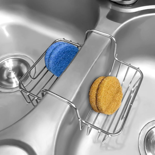 Stainless Steel Sponge Holder for Kitchen Sink - Never Rust Hanging Saddle Double for Soap Kitchen Sink Caddy 2.2 inch, Rustproof Organizer for Dishwashing and Brush Drying