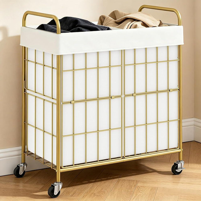 2 Section Laundry Hamper with Wheels and Brake, 100L Laundry Sorter Cart with 2 Removable Liner Bags, Metal Handle, Rolling Laundry Basket for Bedroom Laundry Room