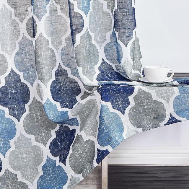 Beauoop Linen Semi Sheer Curtains 84 Inches Long 2 Panels for Bedroom Living Room Blue Grey Moroccan Geo Farmhouse Light Filtering Privacy Textured Rod Pocket Window Treatments Drapes, 50x84 2 Set