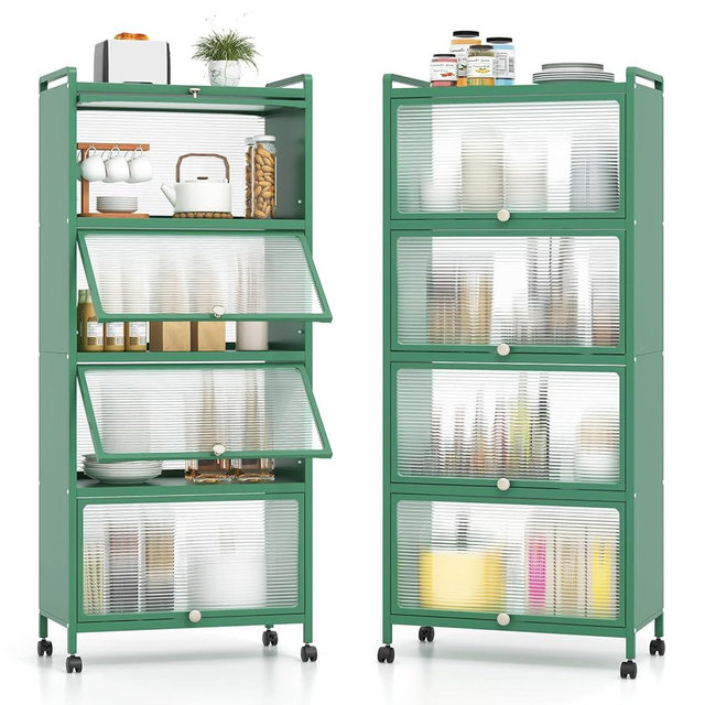 Giantex 5-Tier Kitchen Storage Cabinet, Mobile Microwave Stand with Flip-up PC Doors, Freestanding Kitchen Bakers Rack with 4 Rolling Casters, for Dining Room, Living Room and Study, Green