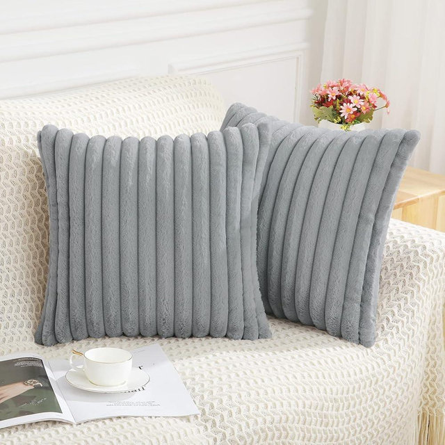 Pallene Faux Fur Plush Throw Pillow Covers 20x20 Set of 2, Luxury Soft Fluffy Striped Decorative Pillow Covers for Sofa, Couch, Living Room, Grey