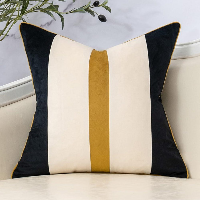 Yangest Black Patchwork Throw Pillow Cover Striped Velvet Cushion Case Modern Neutral Pillowcase for Sofa Couch Bedroom Living Room Home Decor,18x18 Inch