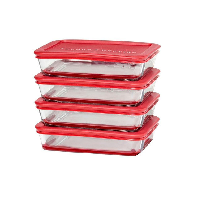 Anchor Hocking SnugFitTM Rectangular Food Storage Containers with Lids (4-Piece, 3-cup, Red, oven-safe)