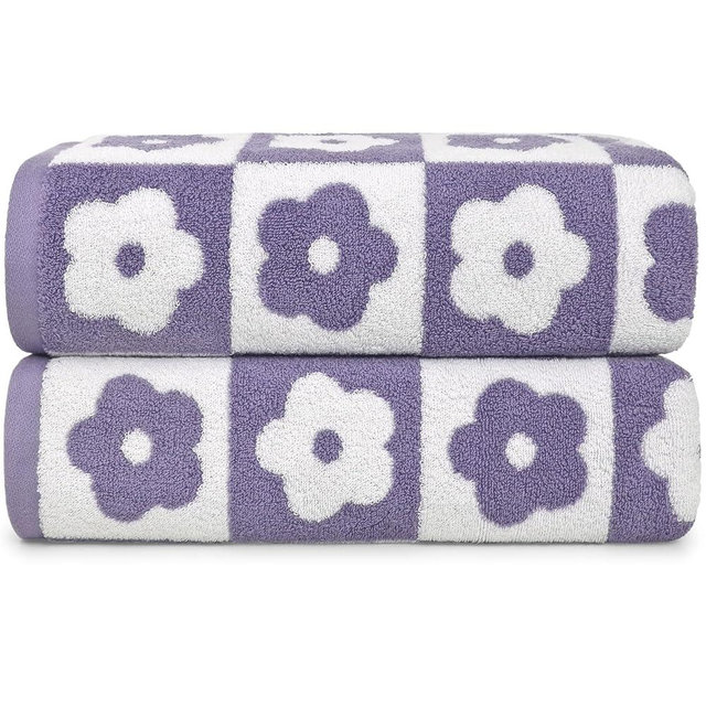 Jacquotha Cotton Bath Towels Pack of 2 with Lilac Checkered Floral Charm - Luxury Lightwieght Quick Dry Towels for Bathroom Shower, 27.5” x 55”