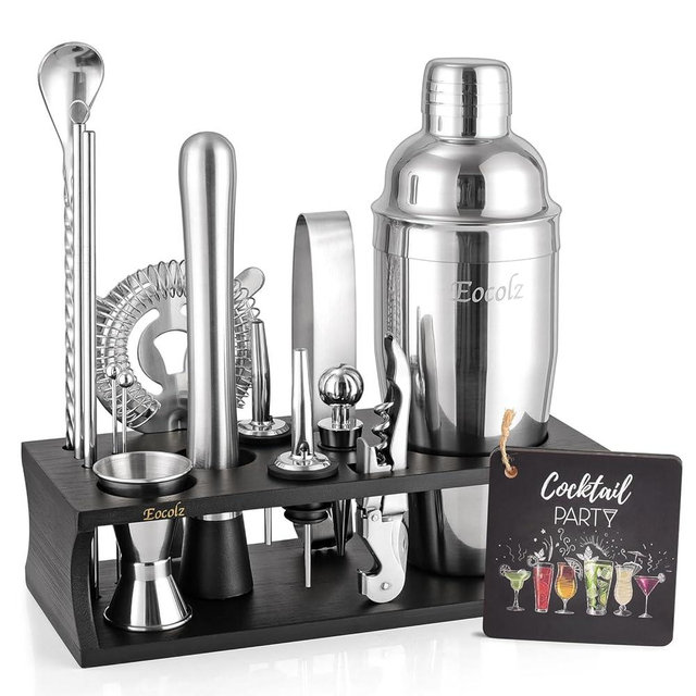 Bartender Kit Cocktail Shaker Set with Stand 17-Piece Bar Tool Bar Set for Drink Mixing Home Bartending Kit Bar Cart Accessories: Martini Shaker, Mixer Spoon, Jigger, Muddler, Strainer & Recipes Gifts