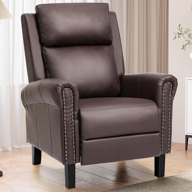 YITAHOME Wingback Recliner Chair: High Back Reclining Push Back Upholstered Faux Leather Accent Single Sofa Lounge Armchair Adjustable (Brown)