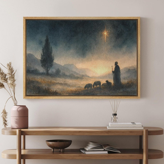 Framed Nativity Shepherd Wall Art, Holy Night Bethlehem Star Canvas Print, Christian Christmas Decor for Church Office