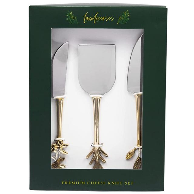 Premium Handcrafted Cheese Knife Set - Gold Specialty Knives with Cutter Slicer and Spreaders in Gift Box - Dishwasher Safe Stainless Steel and Brass Utensil Tools Accessories for Charcuterie Board