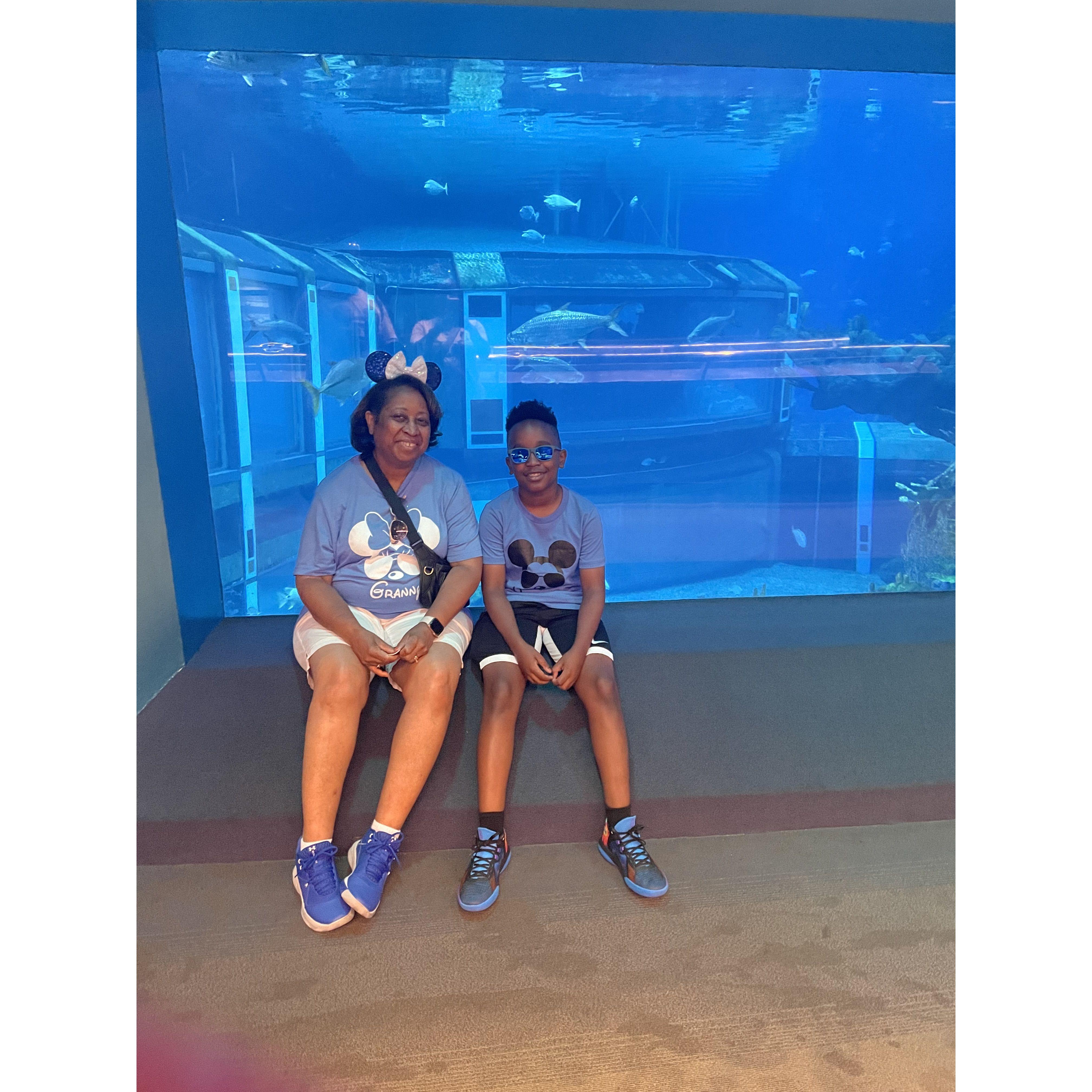 Deneese and grandson, Nathaniel enjoy fun visiting the aquarium at Disneyworld in Florida