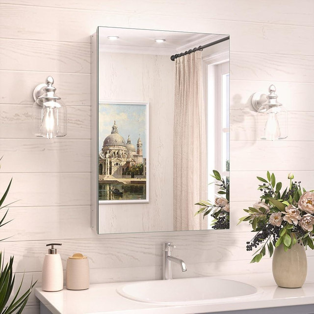 TokeShimi 16x24 Bathroom Medicine Cabinet with Mirror Tempered, Aluminum Silver Mirrored Medicine Cabinet Recessed or Surface Mount with Adjustable Storage Metal for Modern Farmhouse