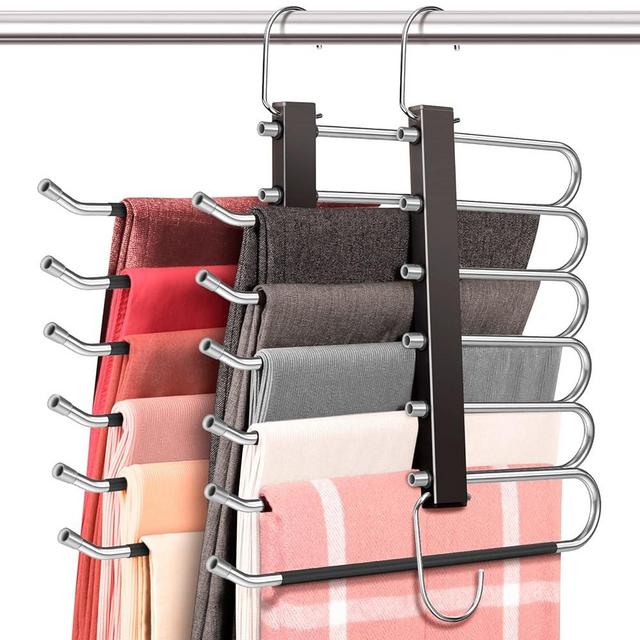 𝐍𝐞𝐰𝐞𝐬𝐭 4 Pack Pant Hangers Space Saving - 6 Tier for Closet, Free-Installation HUITEM Multifunctional Pants Rack, Upgraded Pants Organizer & Jean Hangers Suit for Trousers Scarf Slack (Black)