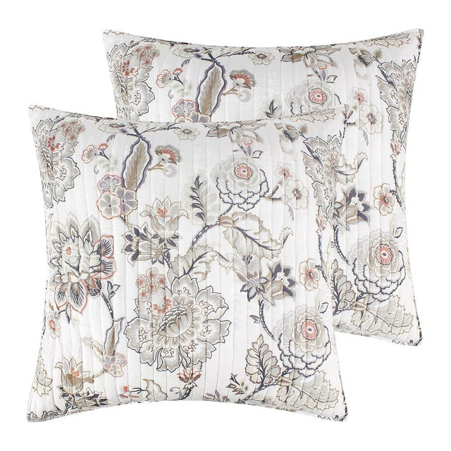 Levtex Home - Ophelia Euro Sham Set of 2 - Plaid - Grey, Taupe, Blush and Cream - Euro (26x26in.), No Insert - Rayon/Cotton