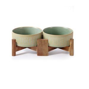 Ceramic Dog Bowls Set with Acacia Wood Stand, 3.5 Cups Pet Bowls Set of 2 for Medium Dogs, Cute Dog Food Bowl, Cat Bowls