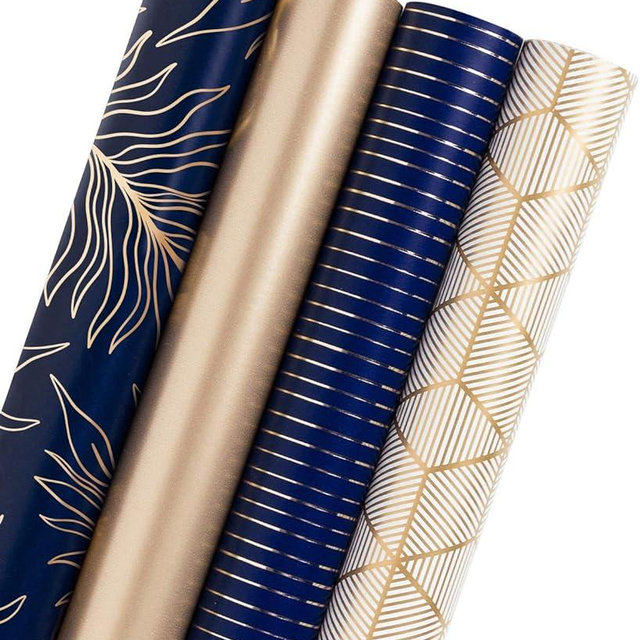 WRAPAHOLIC Wrapping Paper Roll - Gold and Navy Print with Cut Lines for Birthday, Holiday, Father's Day, Baby Shower - 4 Rolls - 30 inch X 120 inch Per Roll